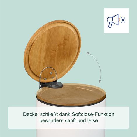 Relaxdays Bad Set, Mülleimer & Klobürste, Kosmetikeimer 5 L, Müllbeutel, WC Bürstenhalter, Eisen & Bambus, weiß/natur