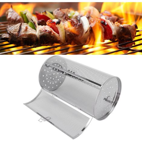 Drehbarer Grillrost, runder Drahtkorb – Grillkorb, Campinggrill für Gemüse, Trockenfrüchte, Nüsse, 2 Thermometer, mechanische Küche