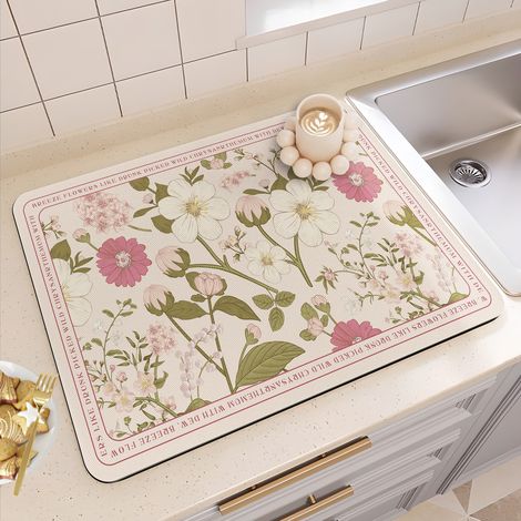 Tapis absorbant antidérapant pour cuisine – Tapis d’égouttement isolant et résistant à la saleté, idéal sous assiettes, plan de travail ou évier (Modèle « Floraison épanouie », carré 50 × 80 cm)-lsw