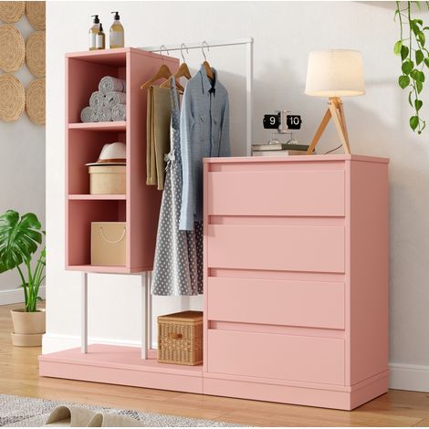 Armadio con cassetti 100x40x135 cm rosa e bianco in truciolato con barra appendiabiti e ripiani aperti (1/5)