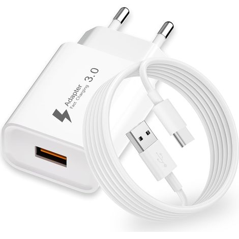 Chargeur USB Rapide 18W avec Câble USBC 2M pour Samsung Galaxy A15/A53/A13/A14/A16/S10/S9/S8/A32/A21S/A53/S23/S22/S21, Xiaomi, iPhone 15 16 17 Pro Max, QC 3.0 Chargeur USBC Rapide Adaptateur Prise USB (1/5)