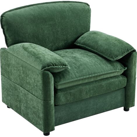 Sofá individual retro verde de chenilla con bolsillos laterales de almacenamiento (1/5)