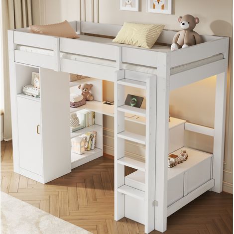 Lit mezzanine 90x200 cm en bois et MDF blanc avec bureau, gain de place, sans matelas – MEUBLIV (1/5)