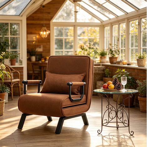 Poltrona letto pieghevole 3 in 1 in lino marrone e metallo, 65 x 78 x 75 cm, letto 184 x 26 x 65 cm (1/5)