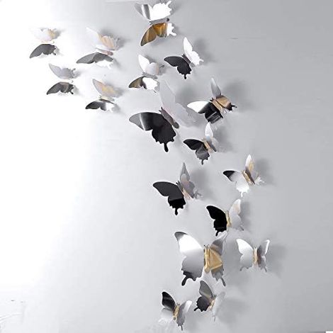 48 Pièces DIY Miroir Papillon Combo 3D Sticker Mural Art Décor pour Chambre Salon Décor (Argent) (1/2)