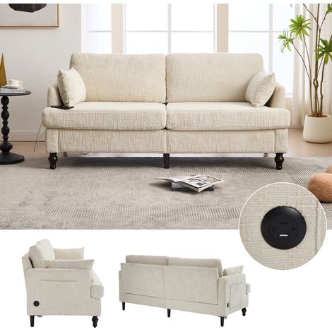 Divano relax 175x83x78cm con LED e USB - Sofa 2 Places design moderno avec tasca portaoggetti - ciniglia - beige