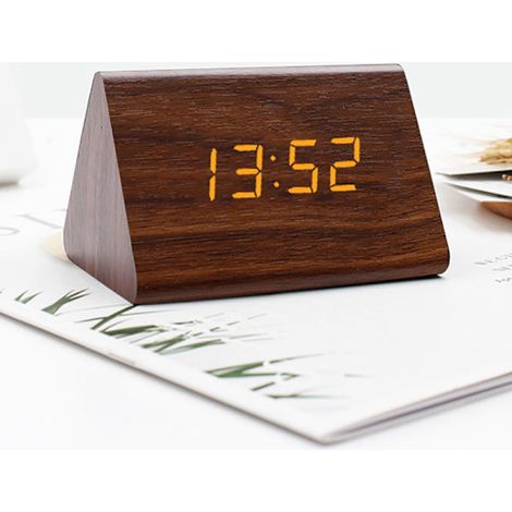 Réveil numérique en bois marron avec luminosité réglable, commande vocale, affichage LED rectangulaire, heure, température, décoration intérieure (1/4)
