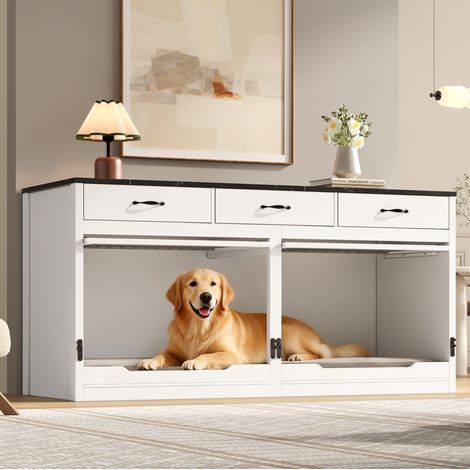Cage pour chien meuble 164x60x81 cm en MDF et métal blanc, avec rangement pour salon FloraGrace (1/5)