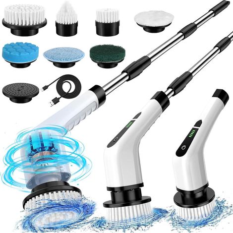 Brosse Nettoyante Rotative Électrique pour Salle de Bain, 7 Embouts de Rechange, Manche Télescopique Réglable, 2 Modes de Vitesse (1/5)