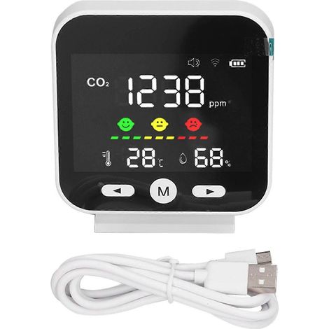 Weißer, intelligenter Luftqualitätsmonitor mit LCD-Bildschirm, WLAN-Funktion, CO2-Messung, Temperatur- und Feuchtigkeitsmessung für Tuya
