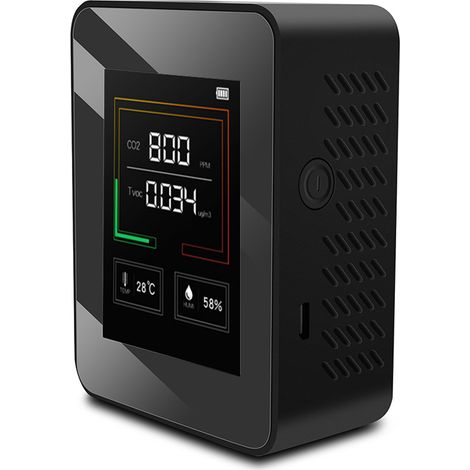 K03 Kohlendioxid-Detektor für Zuhause, Multifunktions-CO2-, Temperatur- und Feuchtigkeitsmessgerät, Luftqualitätsdetektor, TVOC-Modell (Batterie enthalten), Schwarz.
