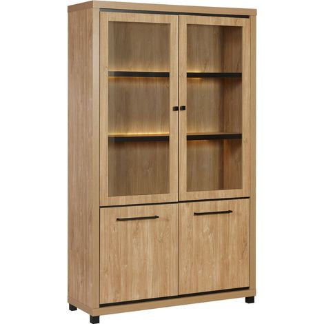 Vitrine 4 portes avec leds aspect bois finition Houston Oak poignées métal noires - VASALY (1/5)