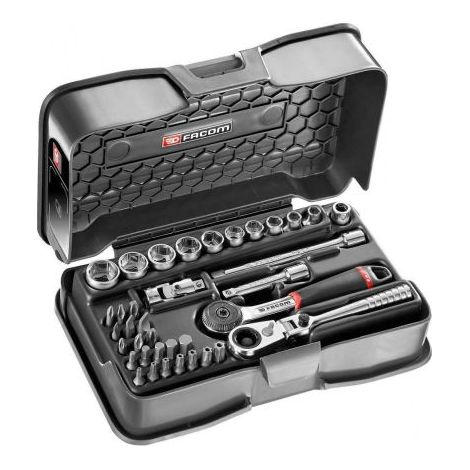 Facom – Coffret cliquet et douilles 1/4'' 37 pièces – Jeu de douilles standard – Cliquet inclus – Pour usage professionnel