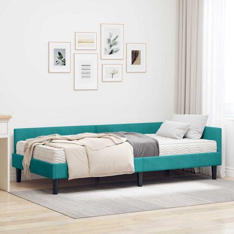 Lit d’angle avec matelas 80 x 200 cm, velours turquoise, tête de lit réglable, 2 pièces - PANGIVO (1/5)
