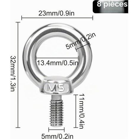 Lot de 8 Anneaux de Levage M5 - Acier Inoxydable 304 - Boulons à Oeil pour Fixation et Suspension - Résistance 50 MICRODERMABRASION (1/5)