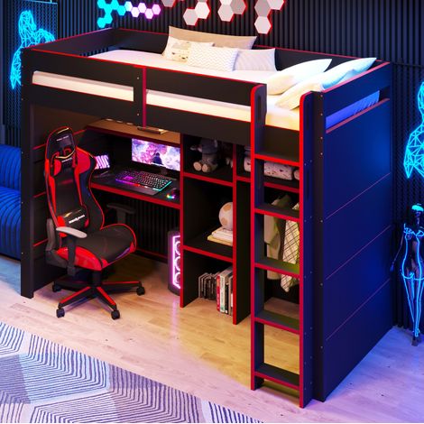 Letto a soppalco gaming 205x95x170 cm, con scrivania e armadio aperto, illuminazione LED, MDF e compensato nero rosso (1/5)
