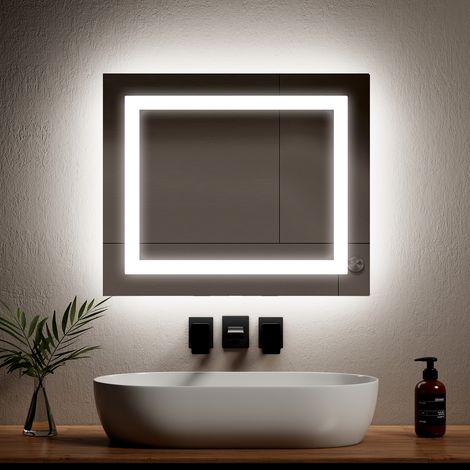 EMKE Badspiegel mit Beleuchtung Rechteckig LED Badspiegel Wandspiegel mit Beschlagfrei 3000K/6500K Druckknopfschalter Vertikal und Horizontal möglich 60x50cm