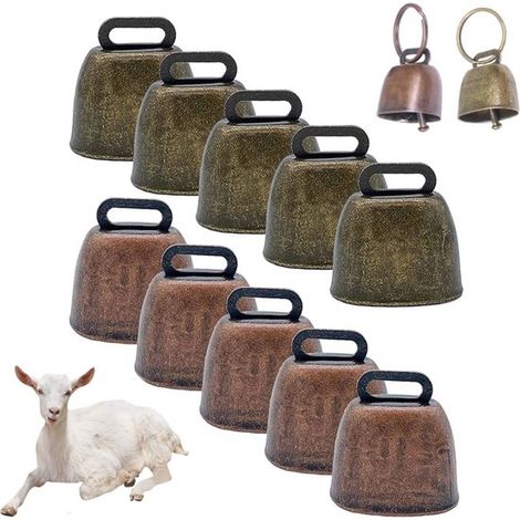 Cloches pour vaches, lot de 10 avec anneau de suspension. Petites cloches pour vaches, 65 x 35 mm. Cloches de pâturage en métal. Petites cloches en métal pour bovins, ovins, chiens et autres animaux. (1/5)