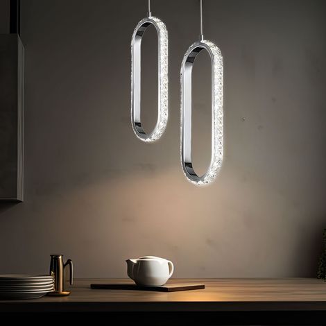 Pendelleuchte Kristall Hängelampe dimmbar LED Esstisch Höhenverstellbar Kristalloptik, Metall Chrom, 1x LED 12W 1100Lm 3000K, LxBxH 33,5x13x150cm, 2er Set