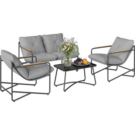 Salon de Jardin 4 Pièces Ensemble Canapé Fauteuils Table Basse Verre Trempé Coussins 13cm Structure Métal Gris Clair (1/5)