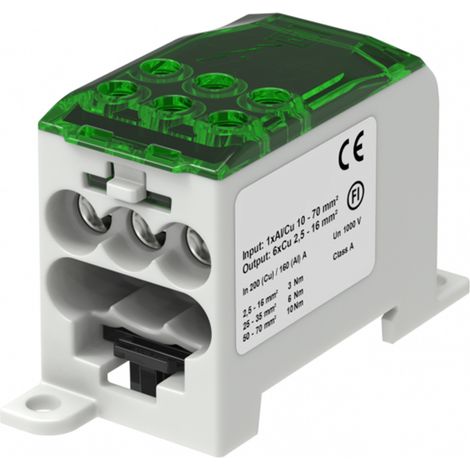 Bloc de distribution alu cuivre vert - 1 entrée 70mm² - 6 sorties 2,5 à 16mm² - 1000V AC/DC