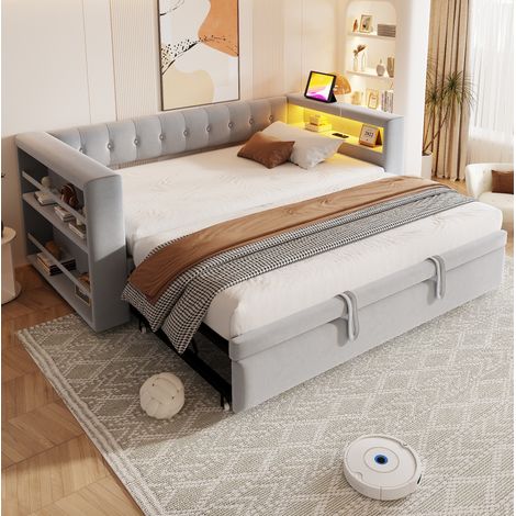 Lit banquette 180 x 200 cm multifonction en tissu gris clair avec LED, prises et rangements (1/5)