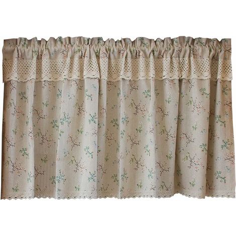 Rideau de Cuisine Court pour Petit Fenêtre Coton Lin Floral Beige Opaque Rétro Rustique Maison de Campagne Rideau Brise-bise Rideaux à Disques Panneaux de Rideaux Cantonnières Demi Rideau140X60cm,T-Au (1/5)