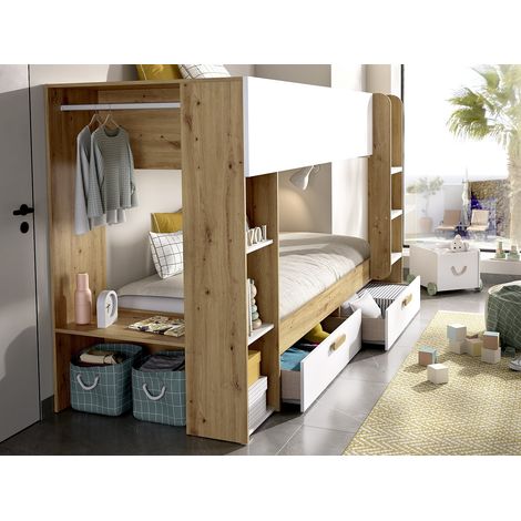 Letto a castello 2 x 90 x 200 cm con vani portaoggetti e bastone appendiabiti Bianco e Naturale - OZANA (1/3)