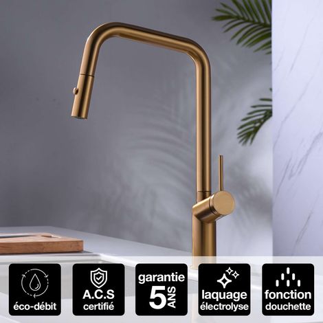 Robinet Mitigeur de Cuisine anti-calcaire avec Douche anti-calcairette Or Brossé IMEX BONN GCE024/OC (1/4)