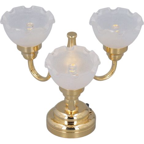 Lustre miniature à 3 têtes, alimenté par piles, en métal et verre, pour maison de poupée à l'échelle 1:12. (1/5)