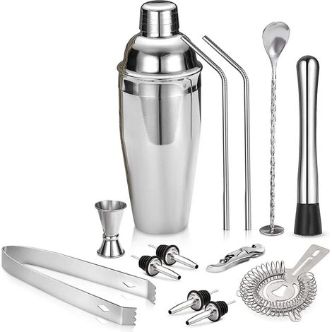 Juego de cócteles de 13 piezas que incluye coctelera Boston, mezclador y utensilios de acero inoxidable para preparar bebidas en casa. (1/5)