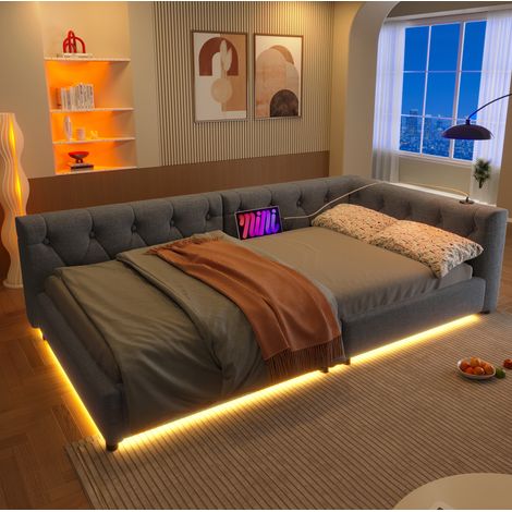 struttura letto 90x200 USB LED lino grigio OKMYHOME (1/5)
