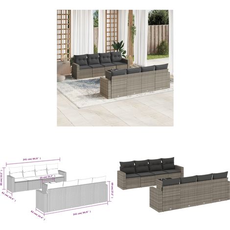 9-tlg. Garten-Sofagarnitur mit Kissen Grau Poly Rattan - Gartensorte - Outdoor Möbel - Lounge Set - Gartenlounge - Rattan Sofa - Home & Living
