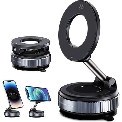 Magnetische Autohalterung mit Saugnapf, 2025 Autohalterung mit Saugnapf, faltbar, 360° drehbar, tragbarer magnetischer Metallarm für alle Mobiltelefone, Schwarz