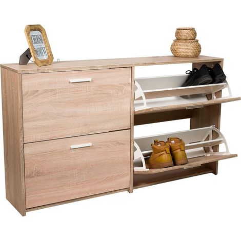 COSTWAY Schuhschrank mit 4 Klappen, Schuhkipper freistehend, Schuhkommode Schuhablage Eiche (1/5)