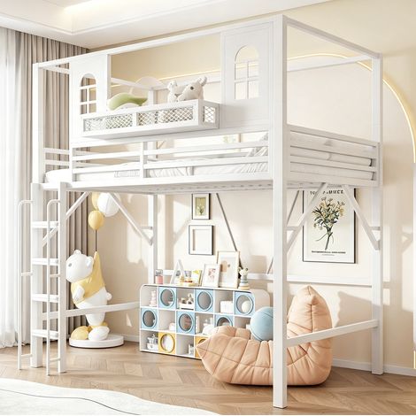Letto a soppalco per bambini 90x200 cm in metallo bianco con mensola – MEUBLIV (1/5)