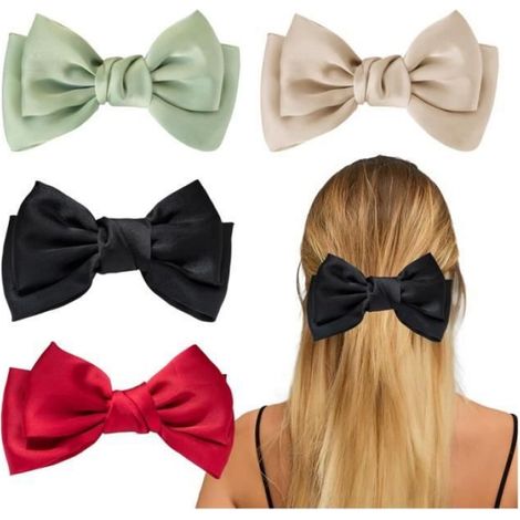 Pince À Cheveux - Nœud Gros - Tissu Satiné - 15 cm x 9 cm - Noir Rouge Vert Champagne - Lot De 4 (1/4)