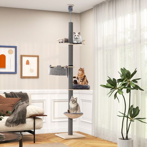 Arbre à Chat du Sol au Plafond avec Hauteur Réglable de 236 à 271 cm Tour à Chat en Bois à 5 Niveaux avec Hamac Gris (1/2)