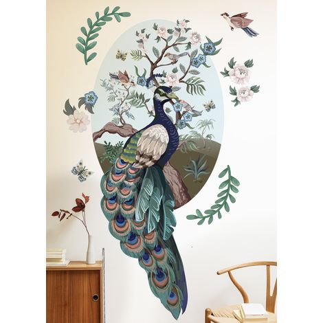 Grand papier peint panoramique découpé, paon majestueux dans papier peint floral tendance, 176 cm X 78 cm (1/5)