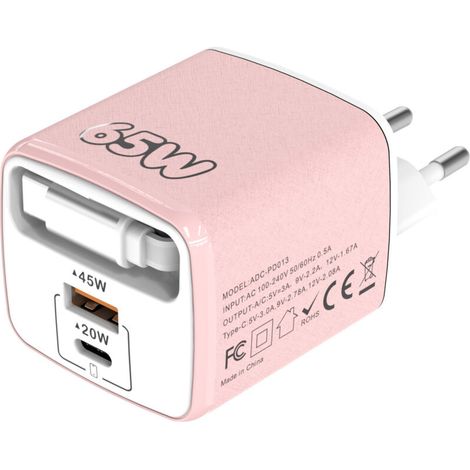 Chargeur voyage multi-port 1PD+USB 65W PD couleur macaron avec câble rétractable, prise européenne pour téléphone-rose (1/5)