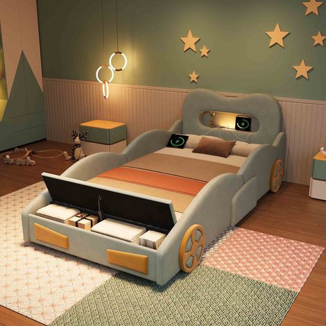 Lit enfant voiture 90x200 cm en velours avec éclairage de lecture, port USB, coffre de rangement et design roues - Vert (1/5)