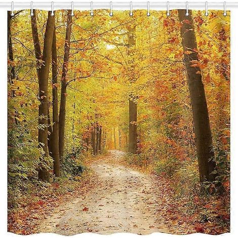 Rideau de douche 183 x 183 cm (72 x 72 pouces), motif automnal romantique : forêt, chemin d'automne dans un parc, feuilles d'érable et feuillage d'automne. Idéal pour la salle de bain. (1/5)
