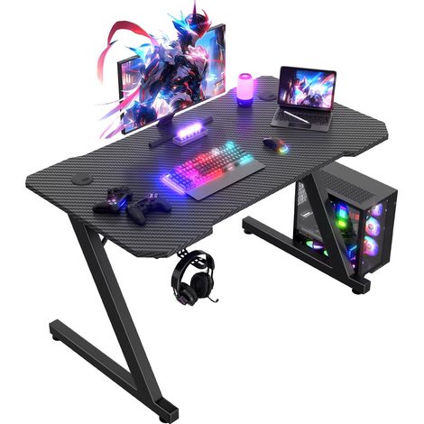 Bureau Gaming 100 x 60 cm, Fibre de Carbone, Crochet pour Casque (1/5)