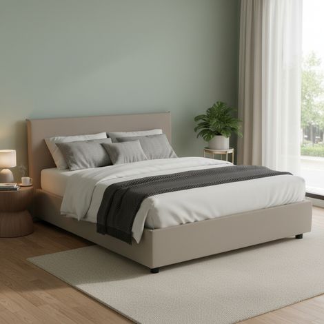 Talamo Italia Cama matrimonial Berta, Cama contenedor con tapizado en ecopiel, 100% Made in Italy, Apertura frontal, adecuado para colchón Cm 160x190, Tórtola, con embalaje reforzado (1/4)