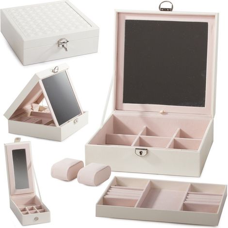 Boîte à bijoux avec miroir, blanche, grand format, pour bagues, colliers et boucles d'oreilles, verrouillable (1/3)