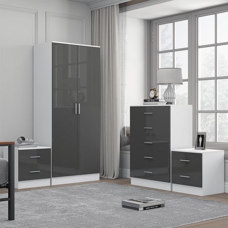 Reflect 2 Door Plain Wardrobe, 5 Drawer Chest, 2x 2 Drawer Bedsides - Grey Gloss & Matt White - Modern Bedroom Furniture Set