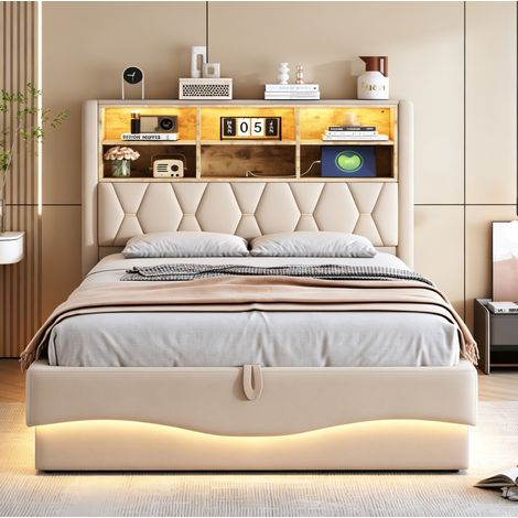 lit superposé 140/200 cm beige avec LED, USB et coffre de rangement (1/5)