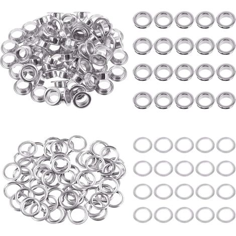 100 - Œillets Métalliques - Rondelles Acier Inoxydable - Réparation Toile Cuir Rideaux - Trou 8 mm - Argenté