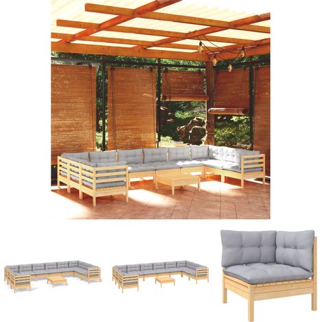 The Living Store - 11-tlg. Garten-Lounge-Set mit Grauen Kissen Kiefernholz (1/5)
