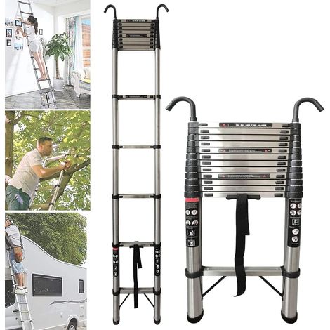 échelle télescopique pliante polyvalente de 5 m/16,4 pieds avec crochet détachable, matériau en acier inoxydable, pédale réglable en 12 étapes, charge maximale de 150 kg